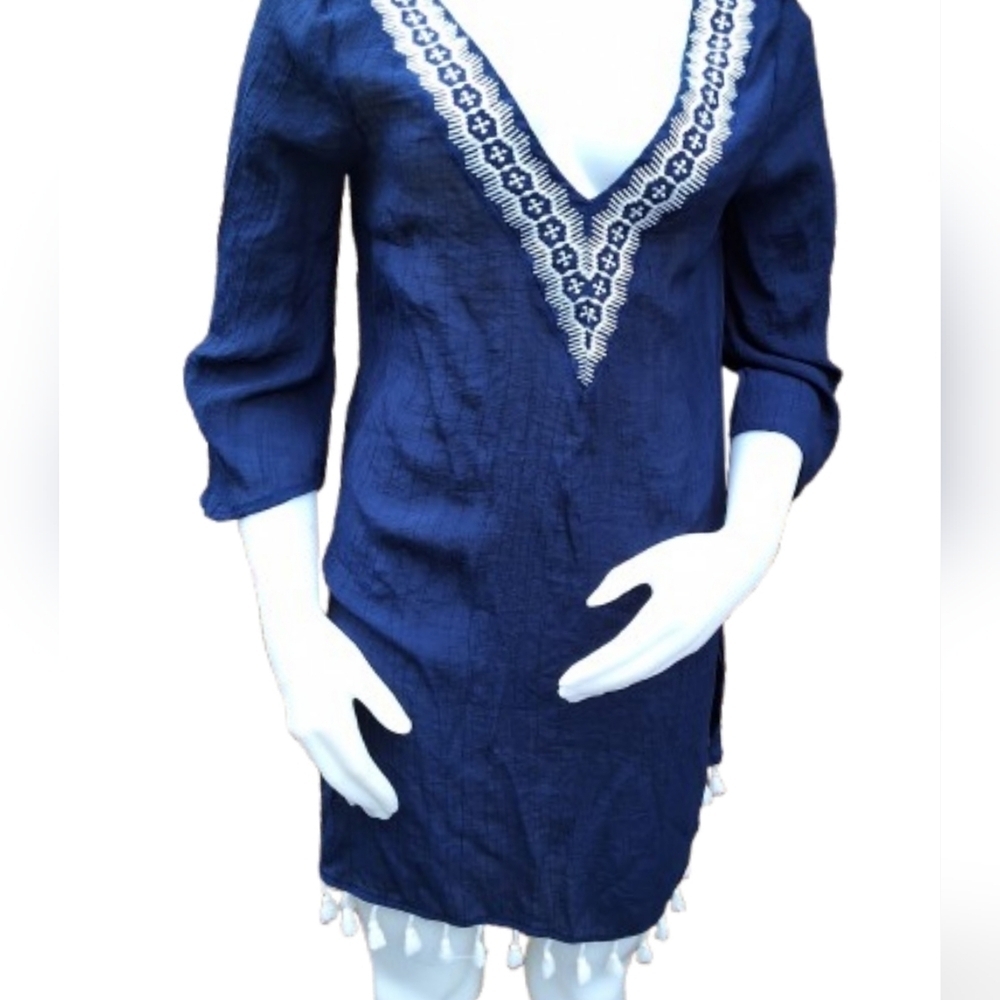 Kona Sol Deep Blue Gauzy Tunic with Elegant Embroidy Swim Cover Up M - Picture 2 of 15